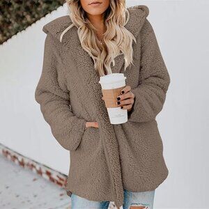 Woman Sherpa Baggy Comfy Hooded Fleece Lightweight Open Front Sweater Sz L NWOT